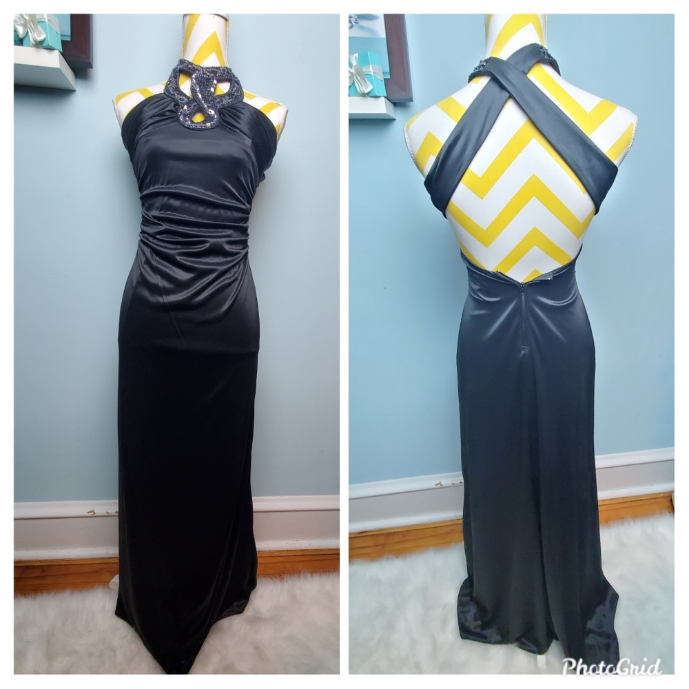 Black jewel neck halter prom dress size 1/2